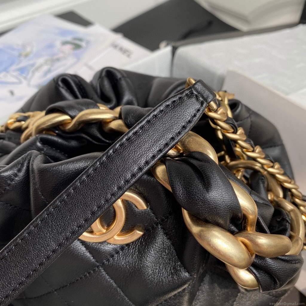 Chanel AS2425 Shiny Lambskin Large Drawstring Bucket Bag Black