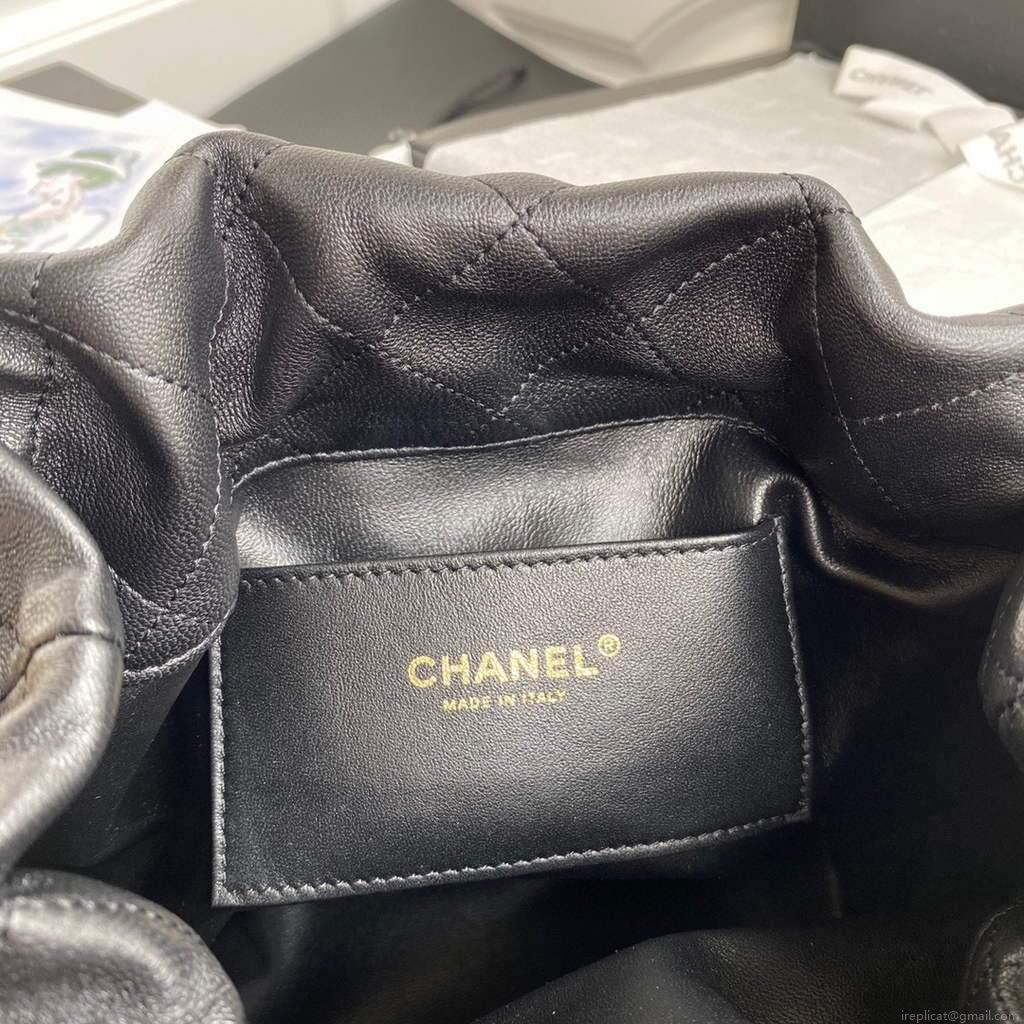 Chanel AS2425 Shiny Lambskin Large Drawstring Bucket Bag Black