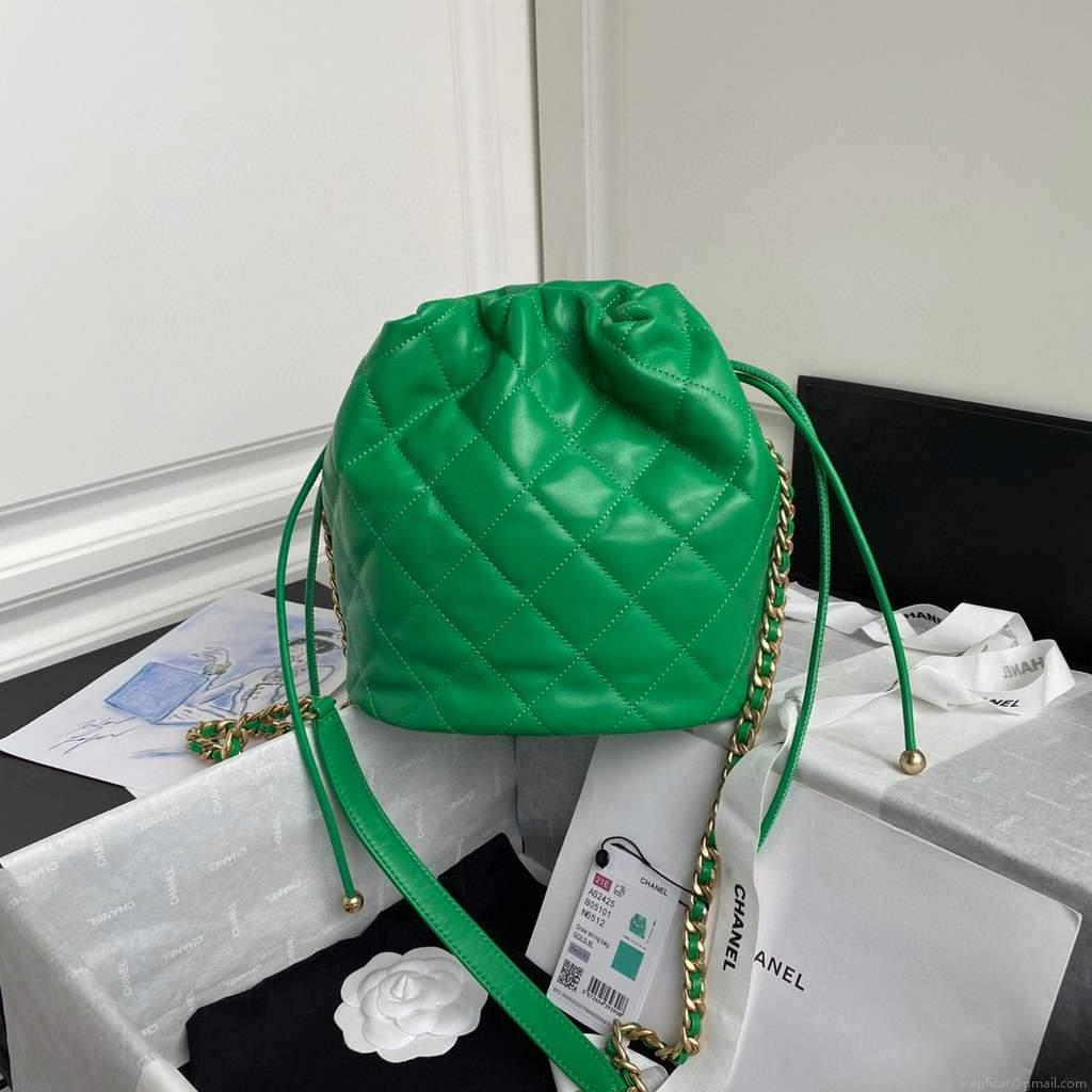Chanel AS2425 Shiny Lambskin Large Drawstring Bucket Bag Green