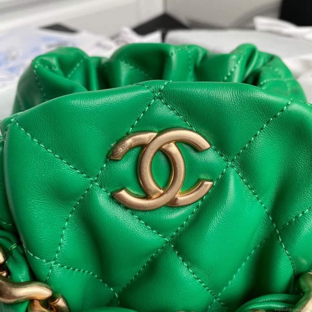 Chanel AS2425 Shiny Lambskin Large Drawstring Bucket Bag Green