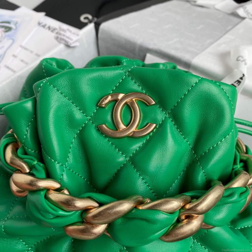 Chanel AS2425 Shiny Lambskin Large Drawstring Bucket Bag Green