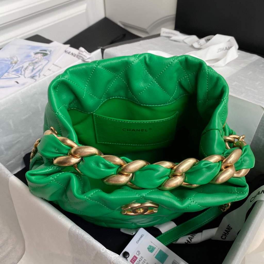 Chanel AS2425 Shiny Lambskin Large Drawstring Bucket Bag Green