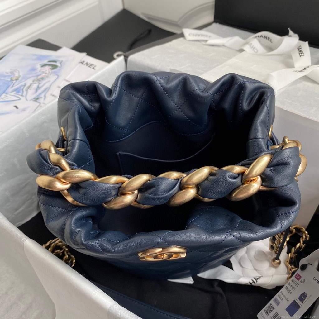 Chanel AS2425 Shiny Lambskin Large Drawstring Bucket Bag Navy Blue