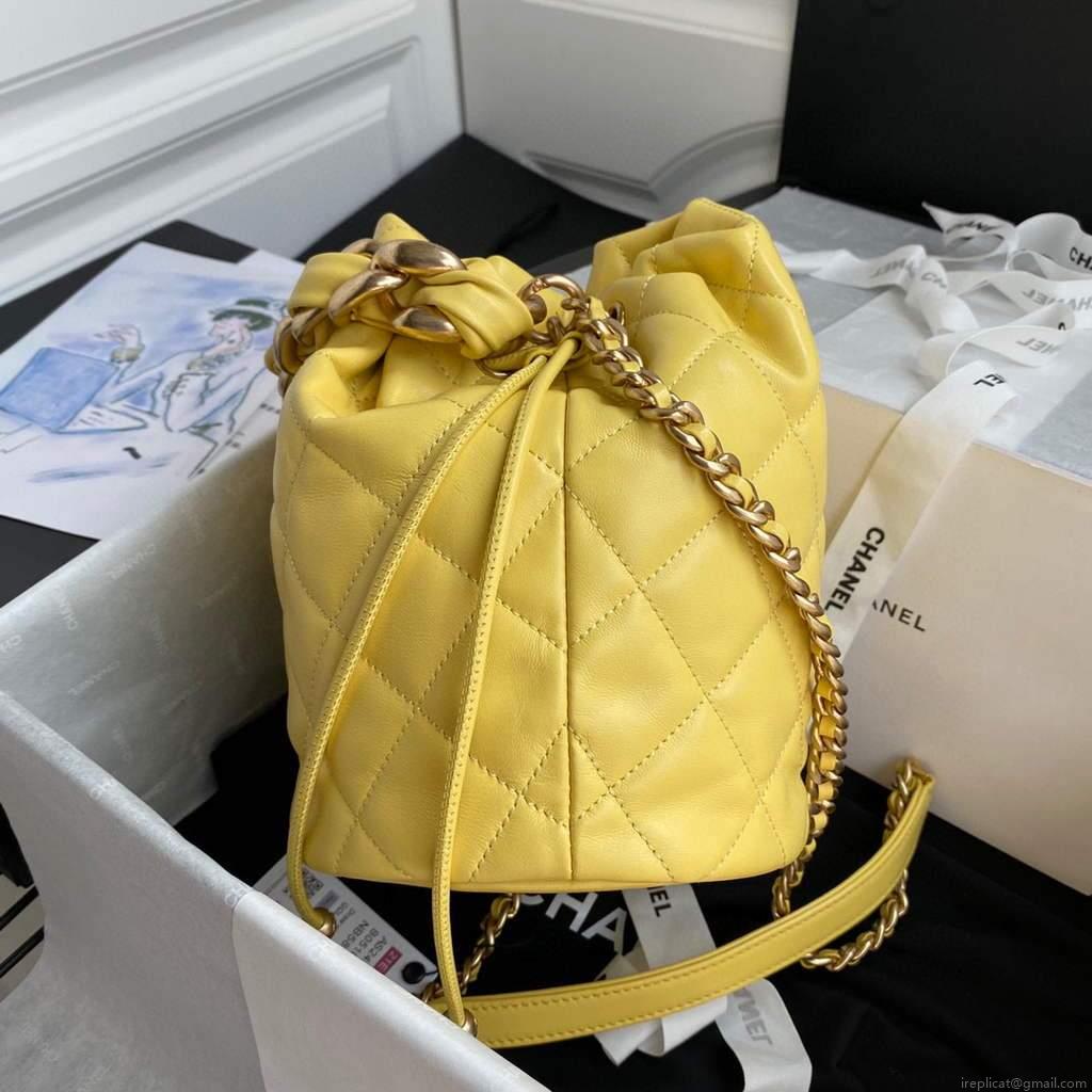 Chanel AS2425 Shiny Lambskin Large Drawstring Bucket Bag Yellow