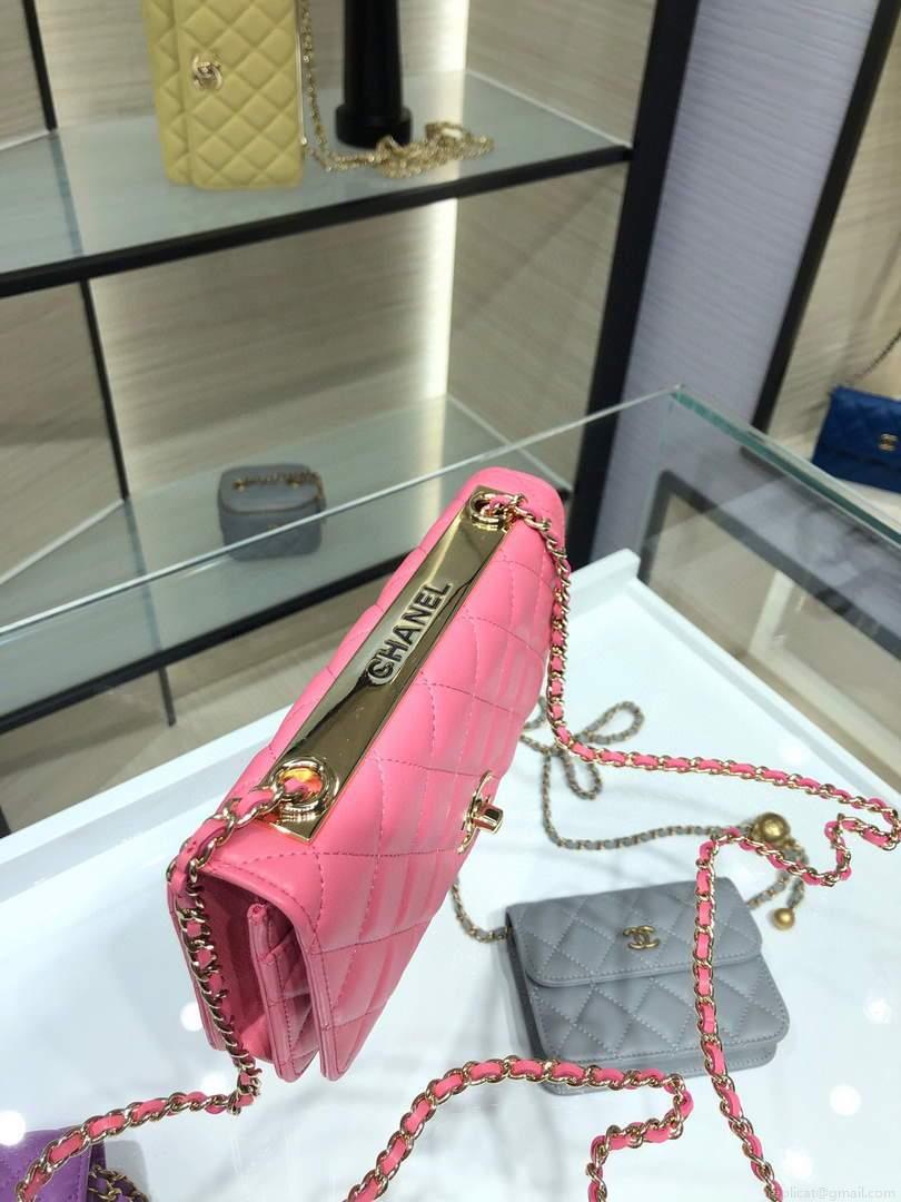 Chanel A84456 Chevron Trendy CC Wallet On Chain WOC Bag Lambskin Pink