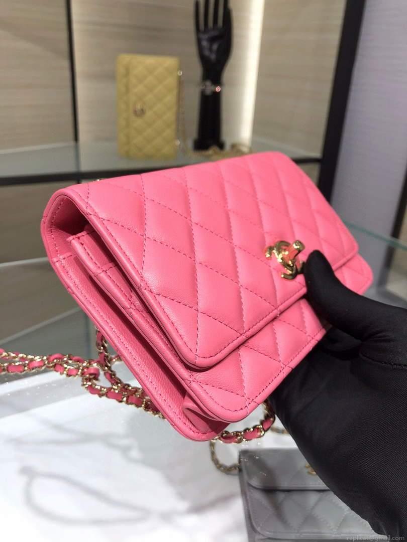 Chanel A84456 Chevron Trendy CC Wallet On Chain WOC Bag Lambskin Pink