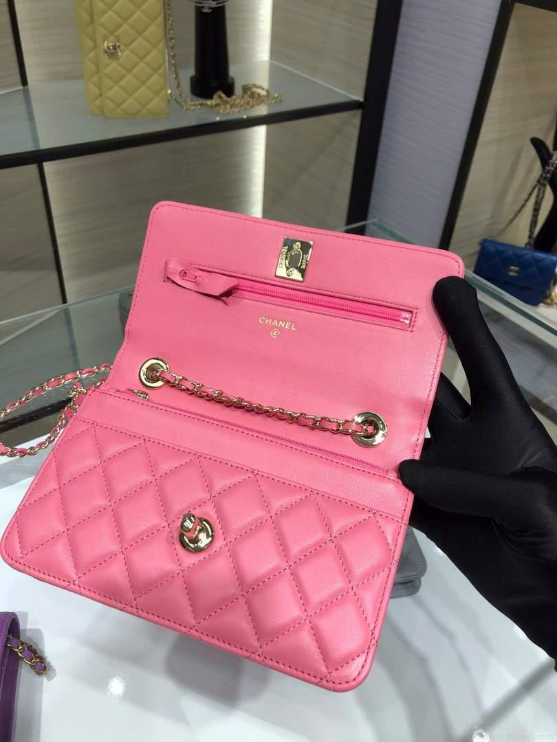 Chanel A84456 Chevron Trendy CC Wallet On Chain WOC Bag Lambskin Pink