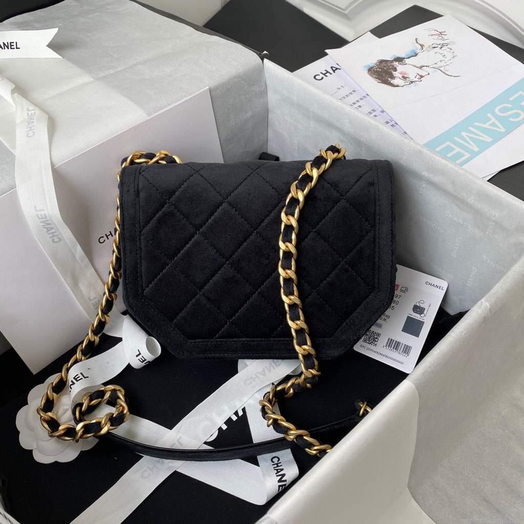 Chanel AS2597 Mini Flap Bag Velvet & Gold Tone Metal Black