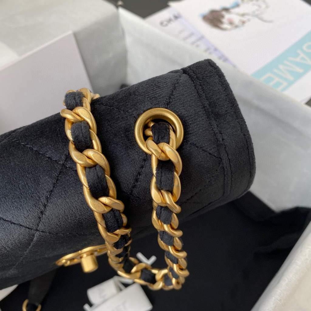 Chanel AS2597 Mini Flap Bag Velvet & Gold Tone Metal Black