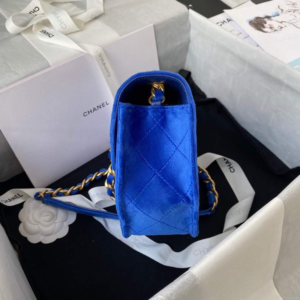 Chanel AS2597 Mini Flap Bag Velvet & Gold Tone Metal Blue