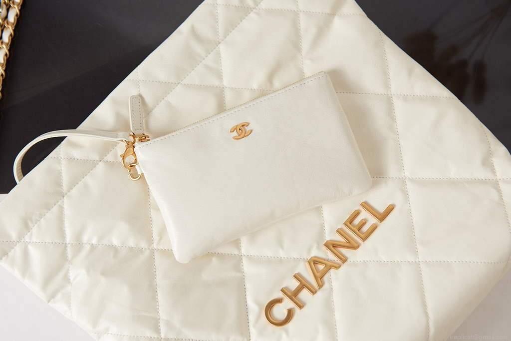 Chanel Shopping Bag Tote AS3261 White with Gold