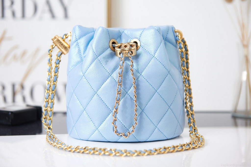 Chanel AS2859 Bucket Bag Shoulder Bag Shiny Grained Calfskin Blue