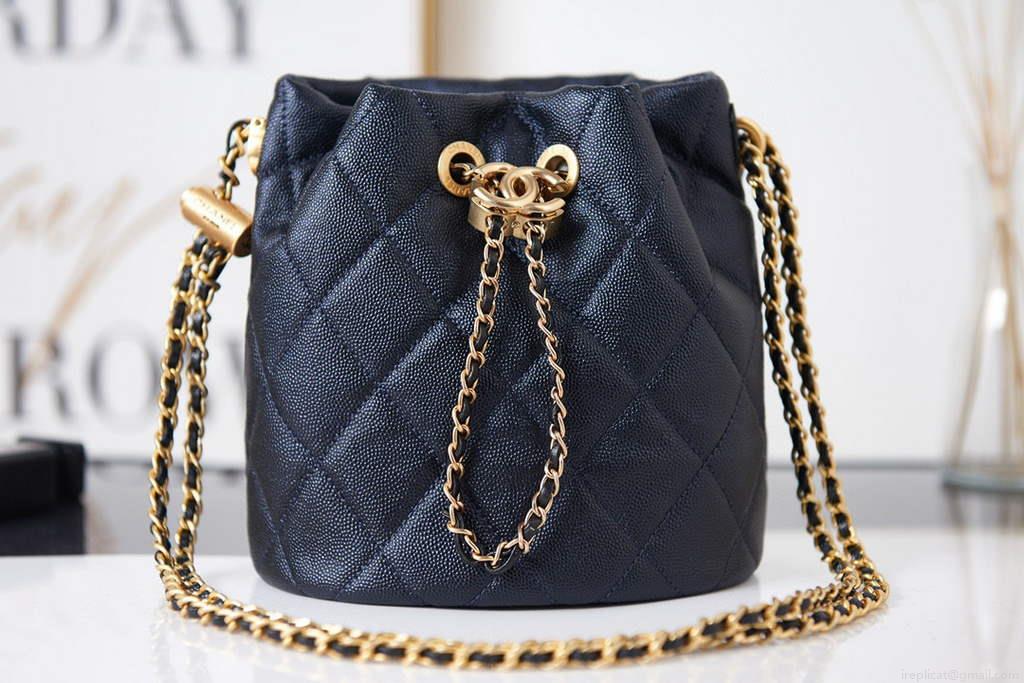 Chanel AS2859 Bucket Bag Shoulder Bag Shiny Grained Calfskin Navy Blue