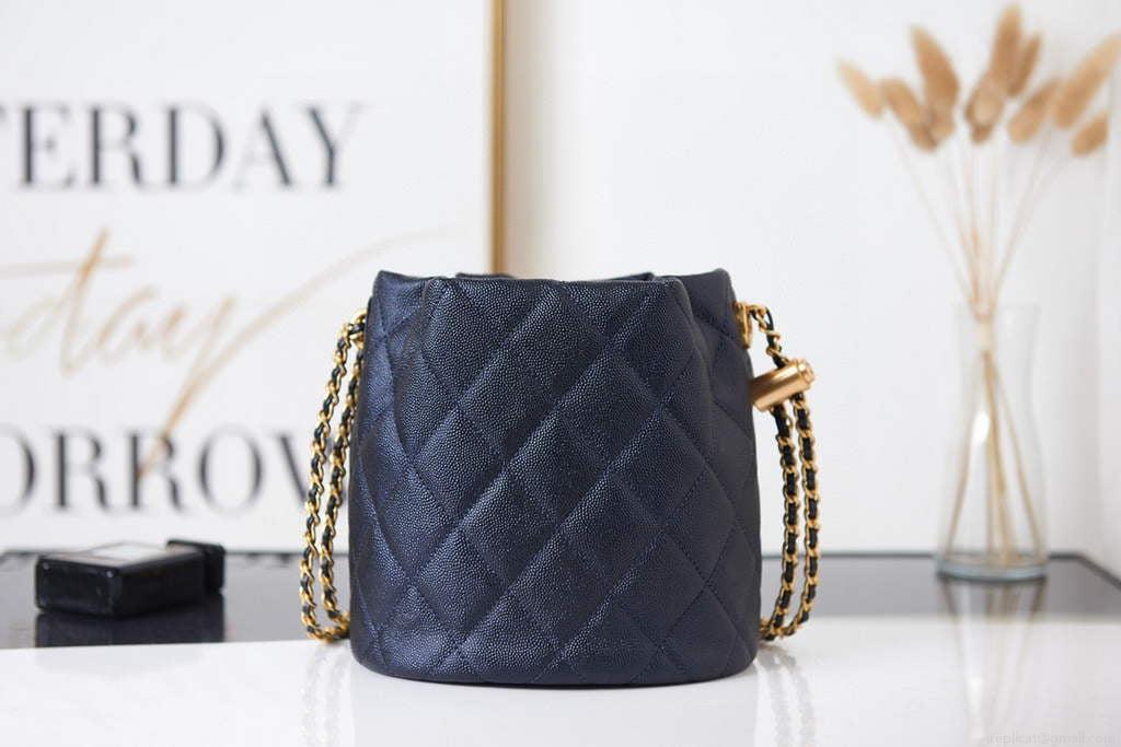 Chanel AS2859 Bucket Bag Shoulder Bag Shiny Grained Calfskin Navy Blue
