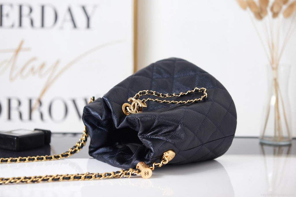 Chanel AS2859 Bucket Bag Shoulder Bag Shiny Grained Calfskin Navy Blue