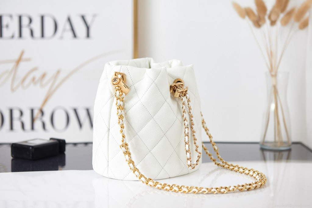 Chanel AS2859 Bucket Bag Shoulder Bag Shiny Grained Calfskin White