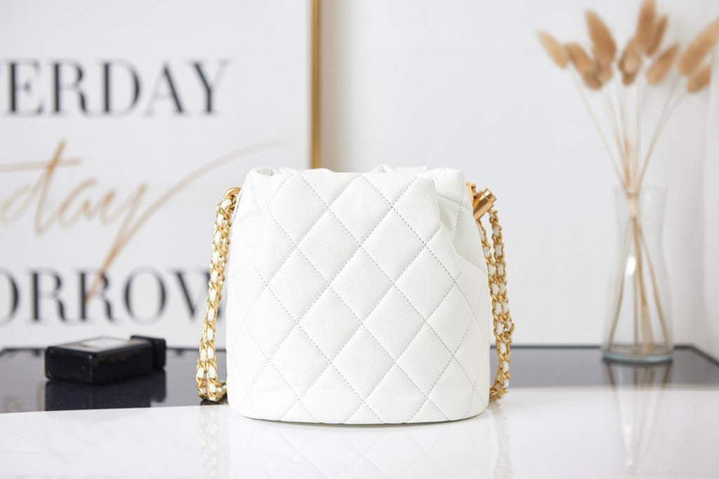 Chanel AS2859 Bucket Bag Shoulder Bag Shiny Grained Calfskin White