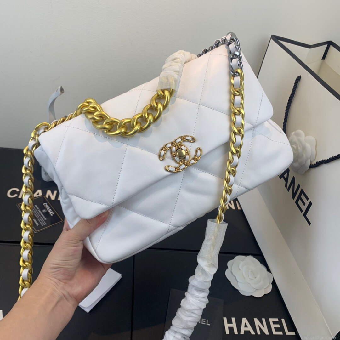 Chanel AS1161 Chanel 19 Large Flap Bag Lambskin B05179 White Gold