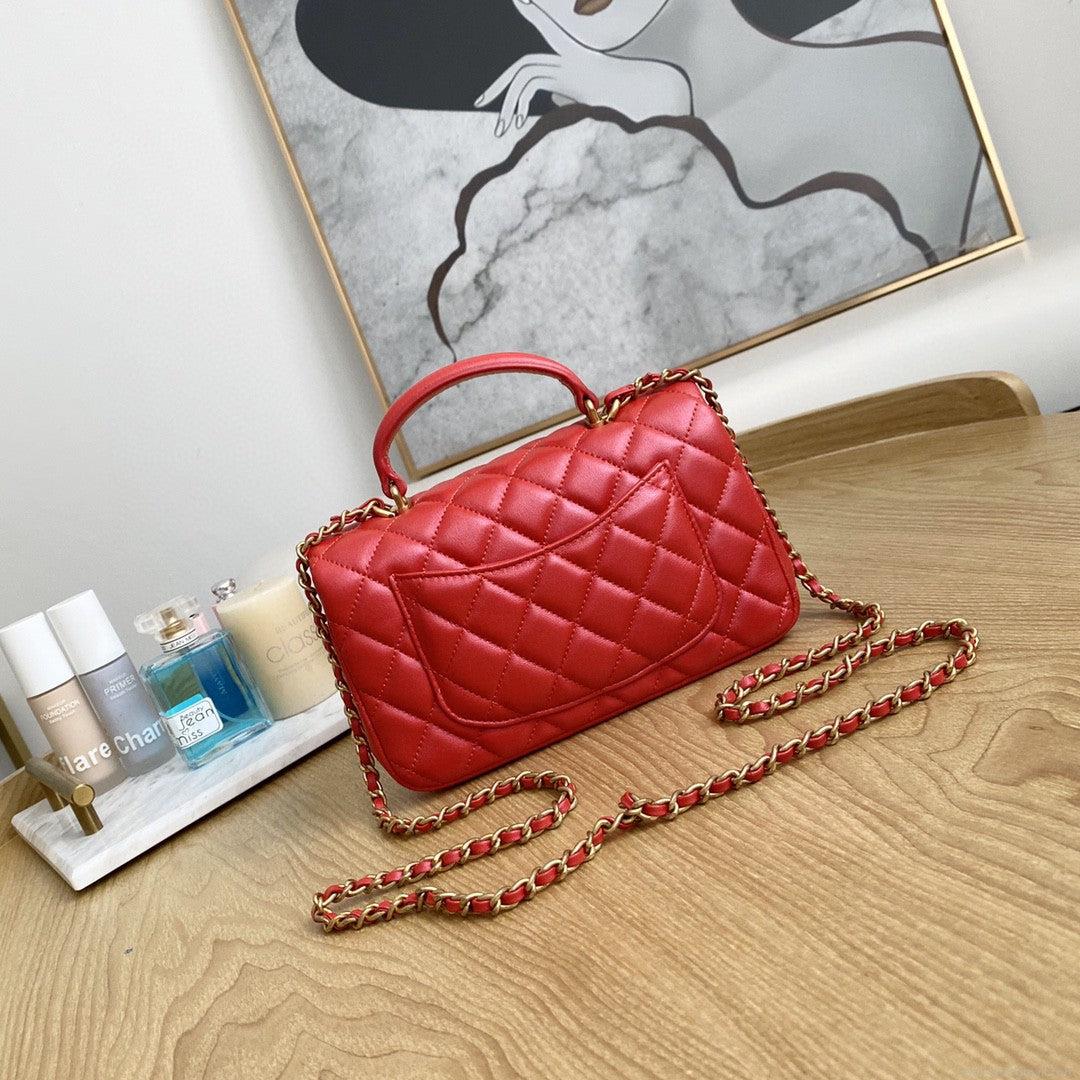 Chanel AS2431 Mini flap Lambskin bag with top handle Red bright gold