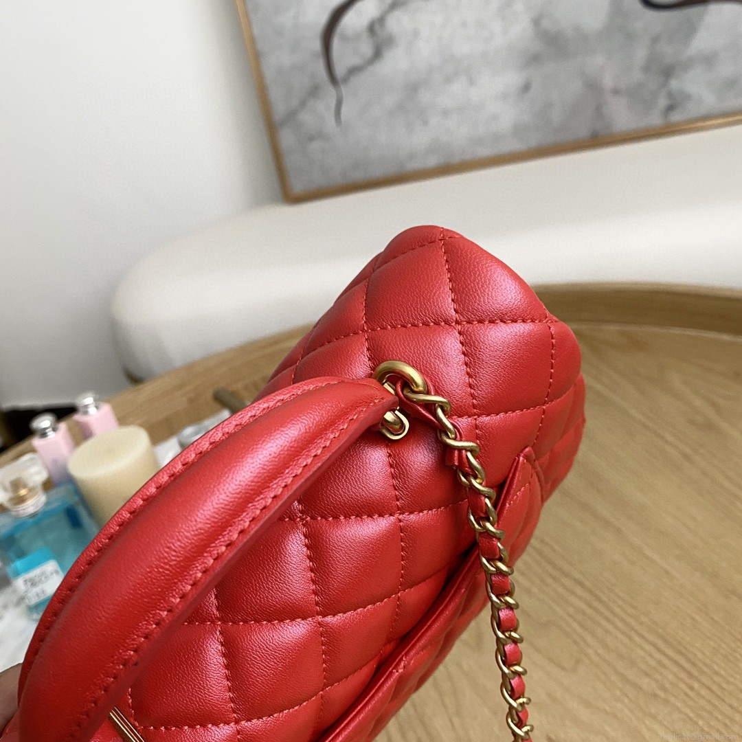Chanel AS2431 Mini flap Lambskin bag with top handle Red bright gold