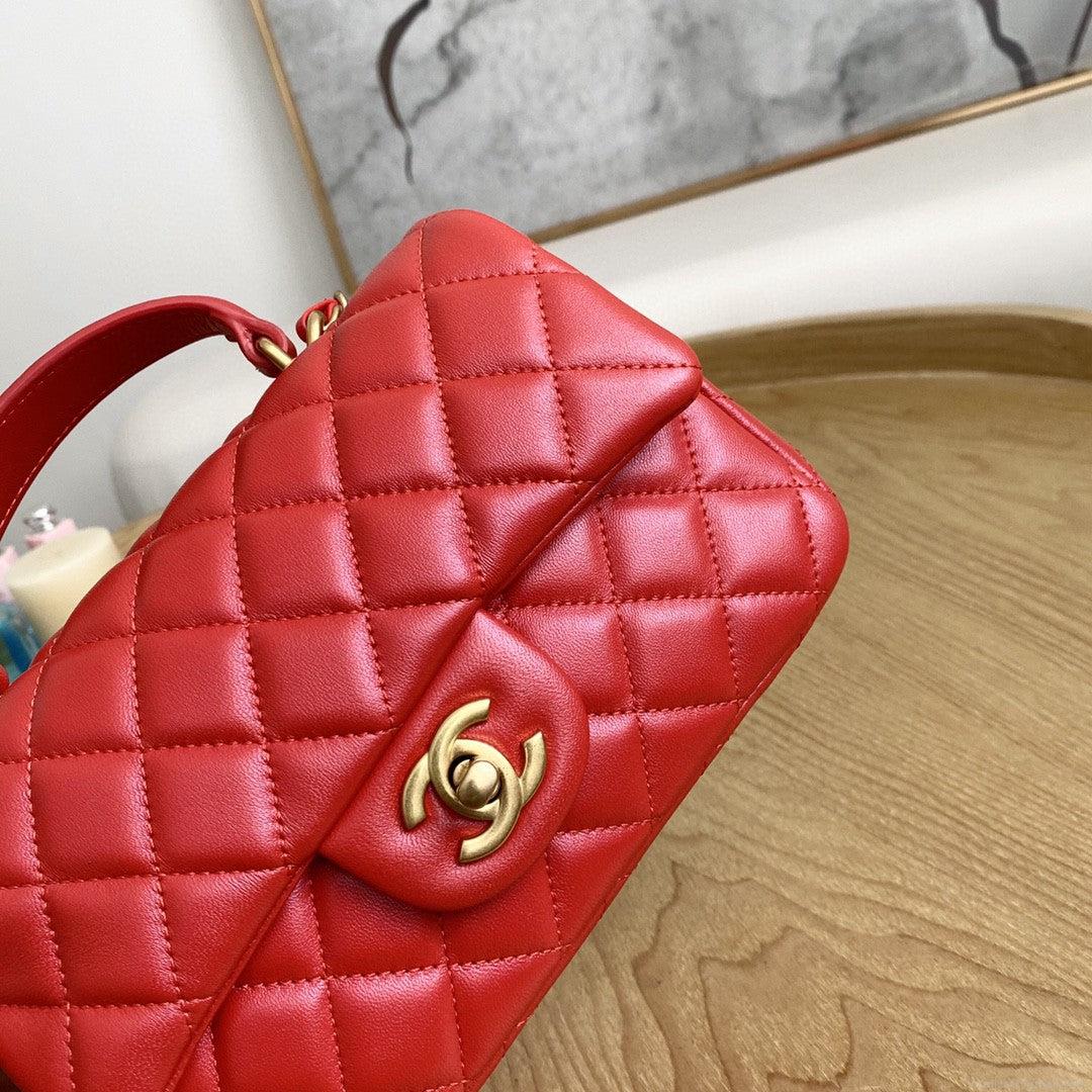 Chanel AS2431 Mini flap Lambskin bag with top handle Red bright gold
