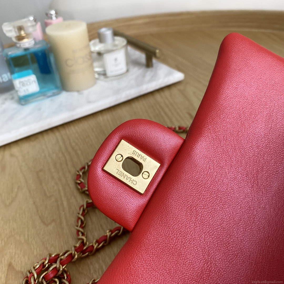 Chanel AS2431 Mini flap Lambskin bag with top handle Red bright gold