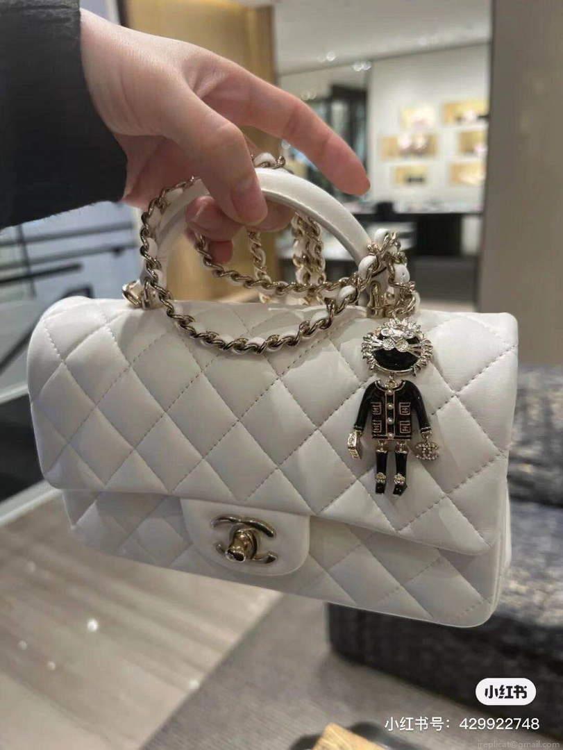 Chanel AS2431 Mini flap Lambskin bag with top handle White Lion Bright Gold