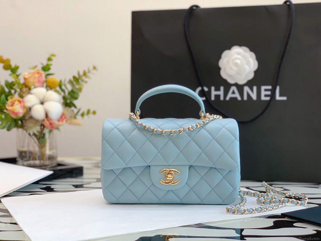 Chanel AS2431 Mini flap Lambskin bag with top handle Lake Blue Light gold