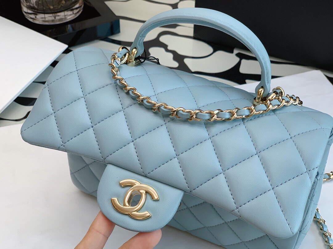 Chanel AS2431 Mini flap Lambskin bag with top handle Lake Blue Light gold