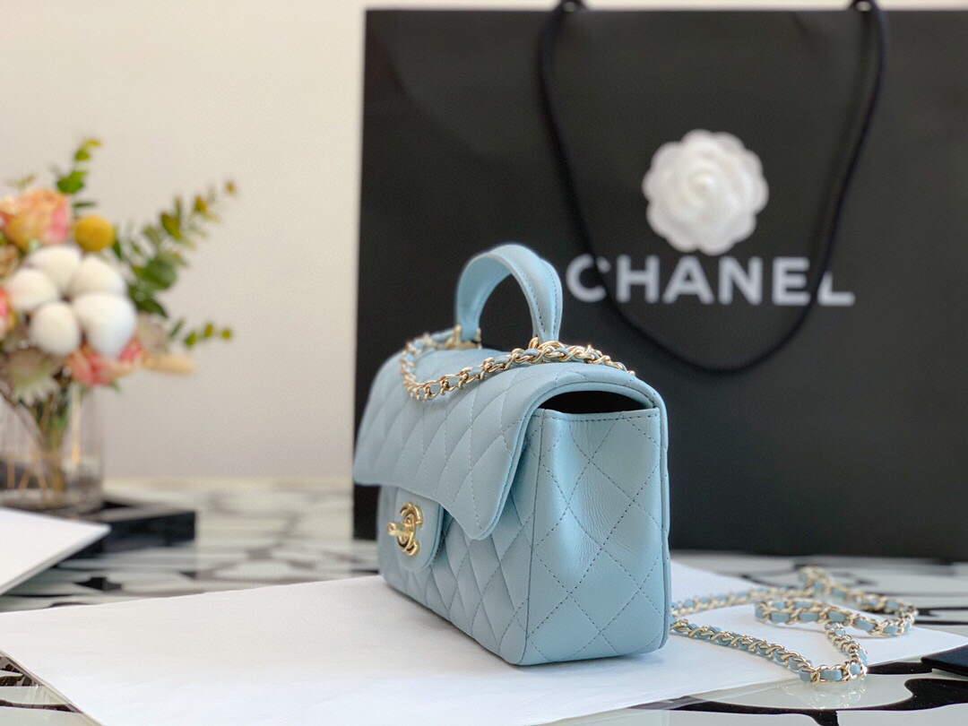 Chanel AS2431 Mini flap Lambskin bag with top handle Lake Blue Light gold