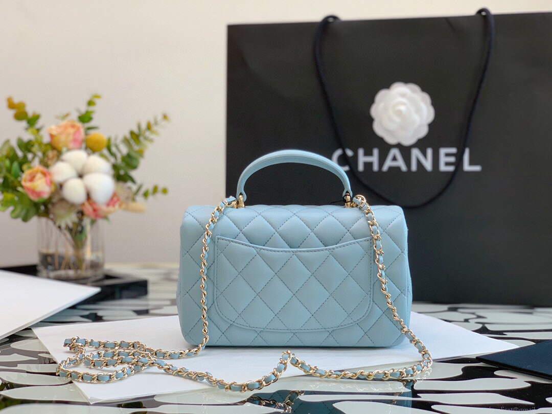Chanel AS2431 Mini flap Lambskin bag with top handle Lake Blue Light gold