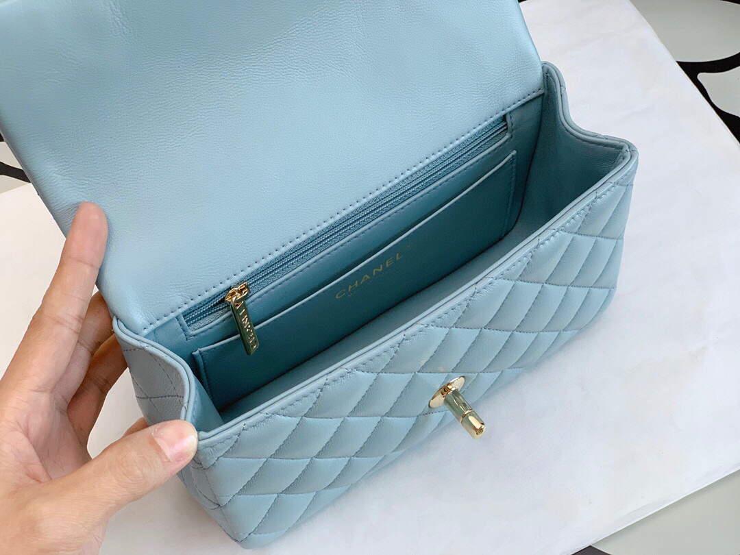 Chanel AS2431 Mini flap Lambskin bag with top handle Lake Blue Light gold