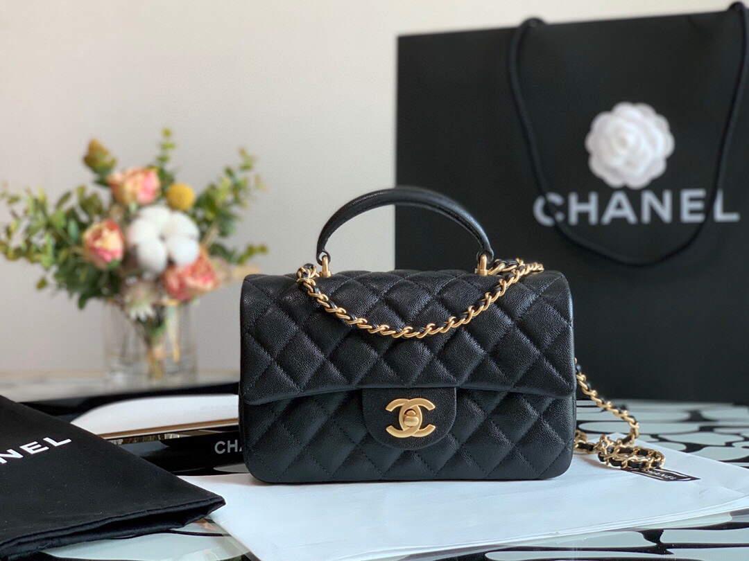 Chanel AS2431 Mini flap Lambskin bag with top handle Black Light gold