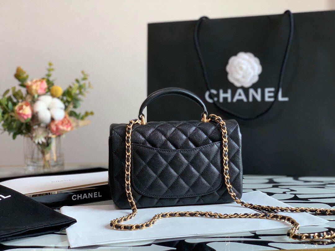 Chanel AS2431 Mini flap Lambskin bag with top handle Black Light gold