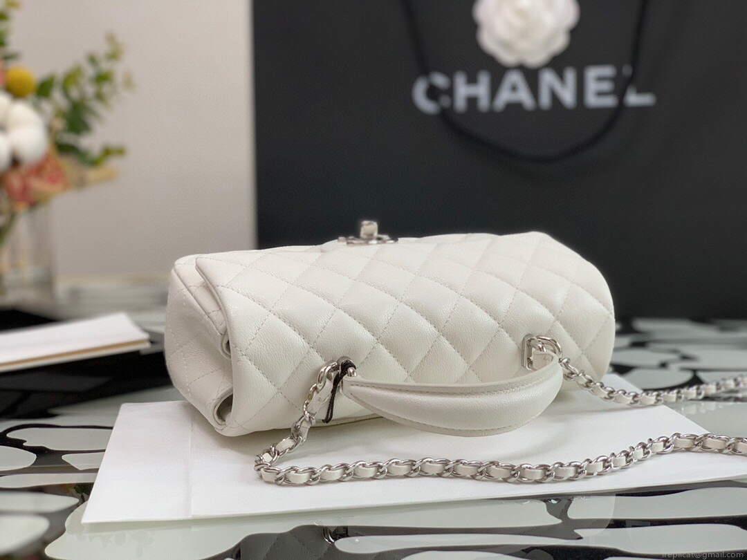 Chanel AS2431 Mini flap Calfskin bag with top handle White Light Silver