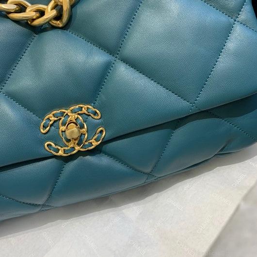 Chanel 19 Maxi Handbag Lambskin Gold AS1162 Lake Blue