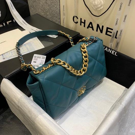 Chanel 19 Maxi Handbag Lambskin Gold AS1162 Lake Blue