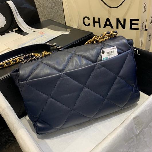 Chanel 19 Maxi Handbag Lambskin Gold AS1162 Navy Blue