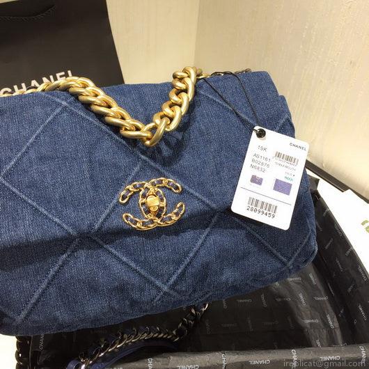 Chanel 19 Large Handbag Denim Canvas Gold AS1161 Blue