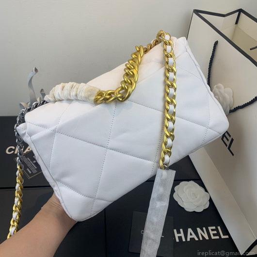 Chanel 19 Large Handbag Lambskin Gold AS1161 White