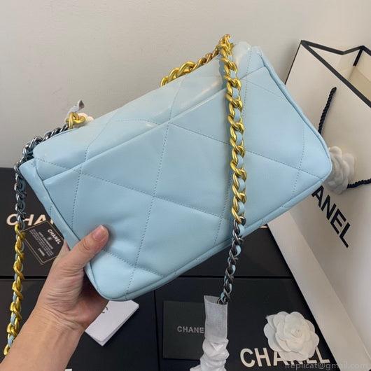 Chanel 19 Large Handbag Lambskin Gold AS1161 Light Blue