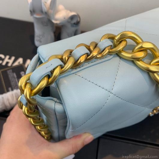 Chanel 19 Large Handbag Lambskin Gold AS1161 Light Blue