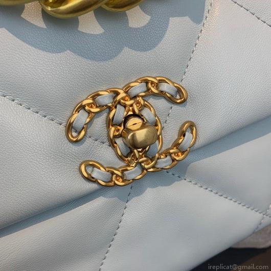 Chanel 19 Large Handbag Lambskin Gold AS1161 Light Blue