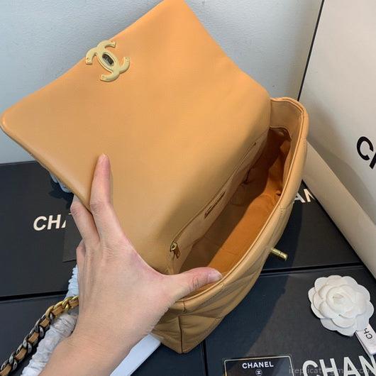 Chanel 19 Large Handbag Lambskin Gold AS1161 Tan