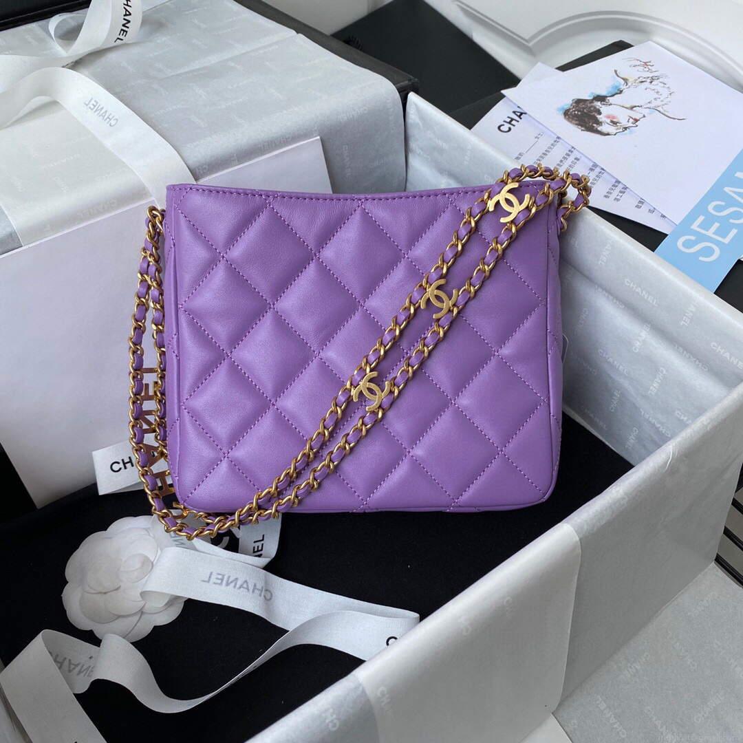 Chanel Small Hobo Bag Lambskin Gold AS3223 Purple