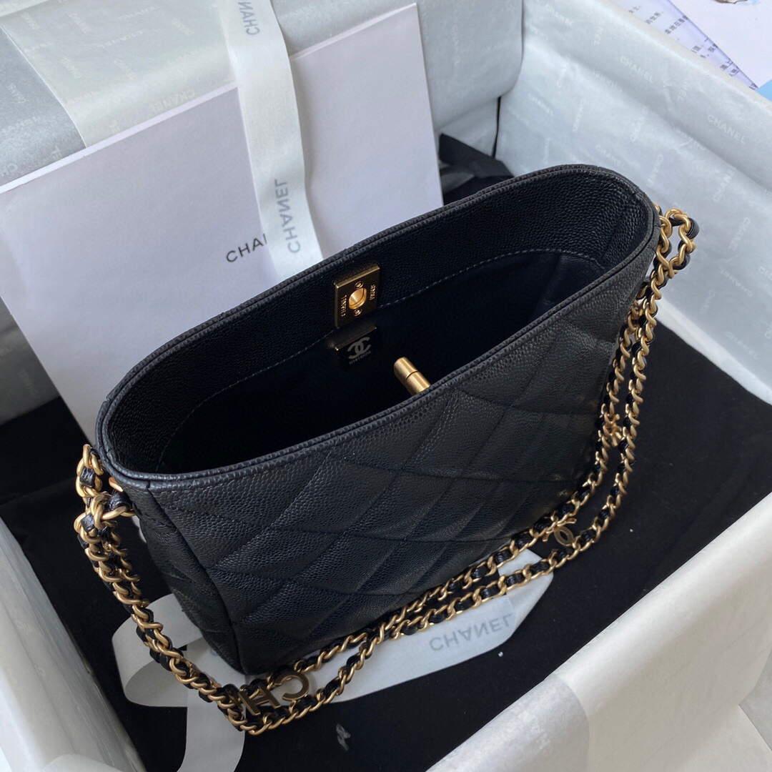 Chanel Small Hobo Bag Grained Calfskin Gold AS3223 Black