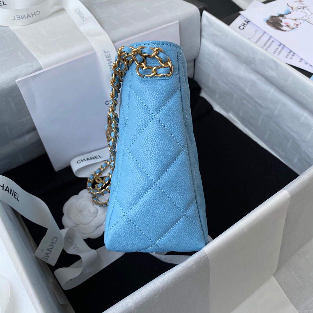 Chanel Small Hobo Bag Grained Calfskin Gold AS3223 Blue