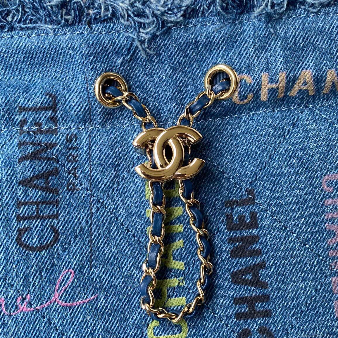 Chanel AS3027 Bucket Bag Printed Denim Gold Blue