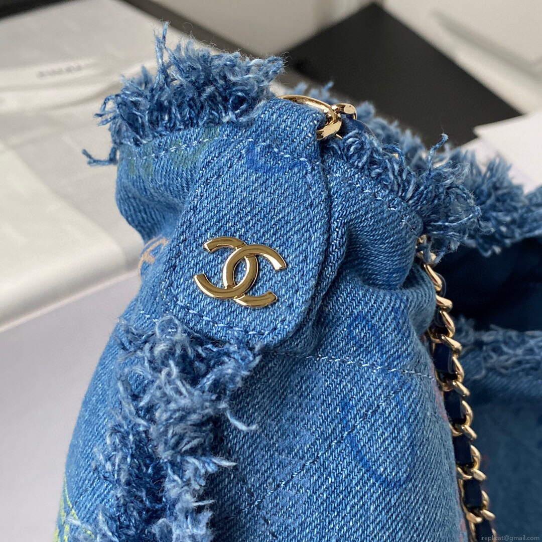 Chanel AS3027 Bucket Bag Printed Denim Gold Blue
