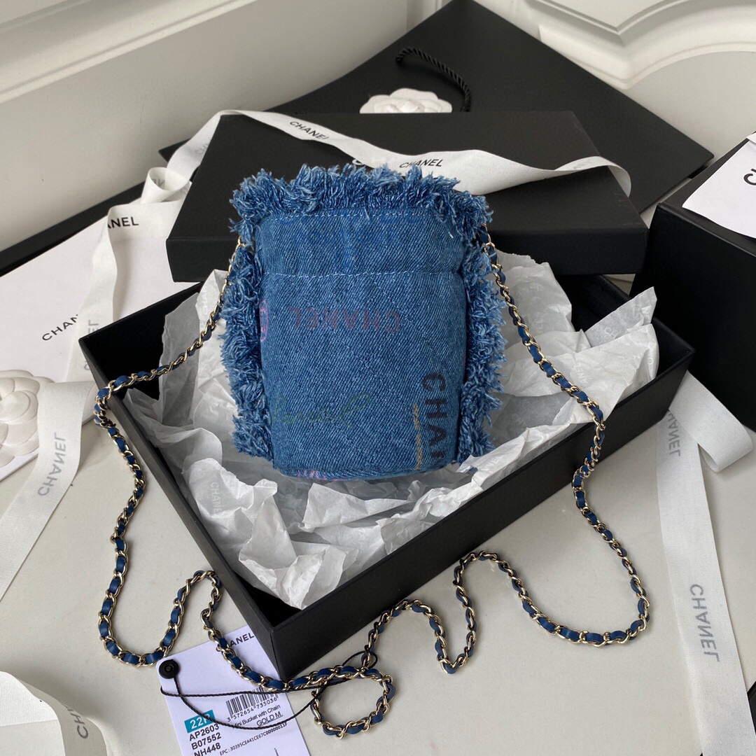 Chanel AP2603 Mini Bucket Bag with Chain Printed Denim Gold Blue